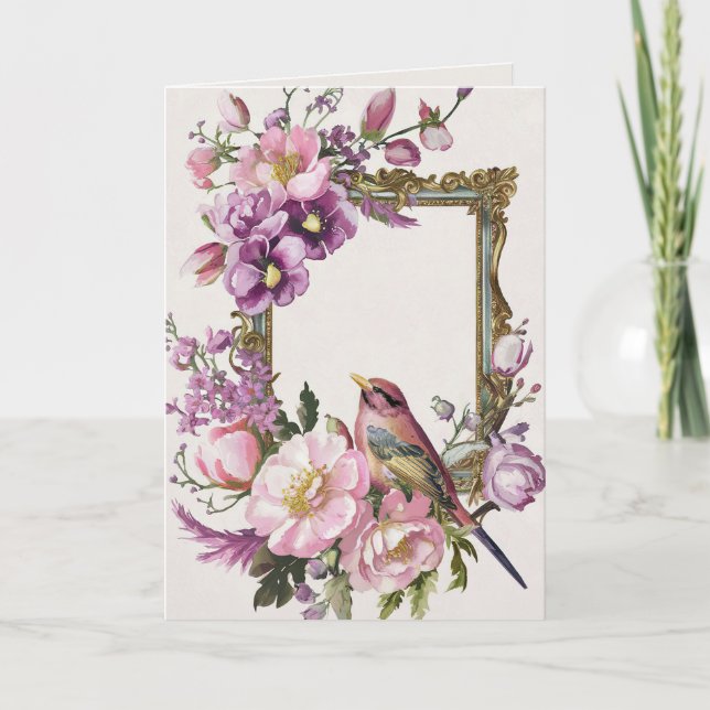 Tarjeta acuarela de ave floral rosa (Anverso)