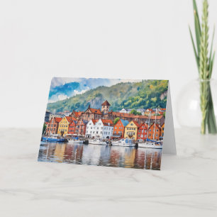 Tarjeta Acuarela de Bergen Noruega