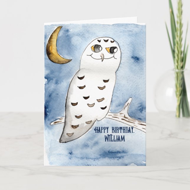 Tarjeta Acuarela de búho de nieve Cumpleaños Personalizado (Anverso)