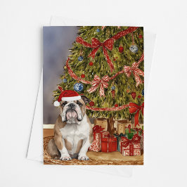 Tarjeta Acuarela de bulldog bajo árbol de Navidad