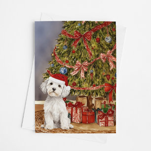Tarjeta Acuarela De Cachorro Maltés Bajo Árbol De Navidad