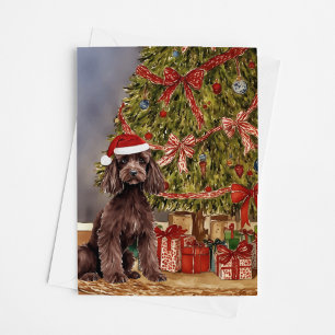 Tarjeta Acuarela de cangrejo bajo el árbol de Navidad