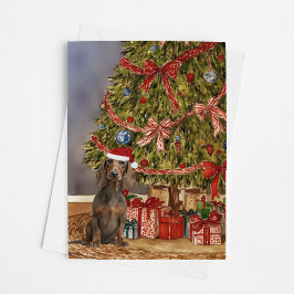 Tarjeta Acuarela de Dachshund bajo el árbol de Navidad
