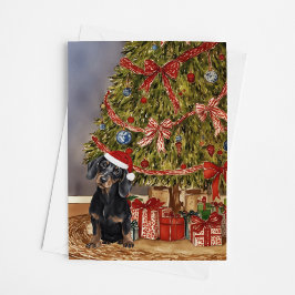 Tarjeta Acuarela de Dachshund bajo el árbol de Navidad