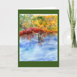 Tarjeta acuarela de flyfisherwoman + colores otoñales