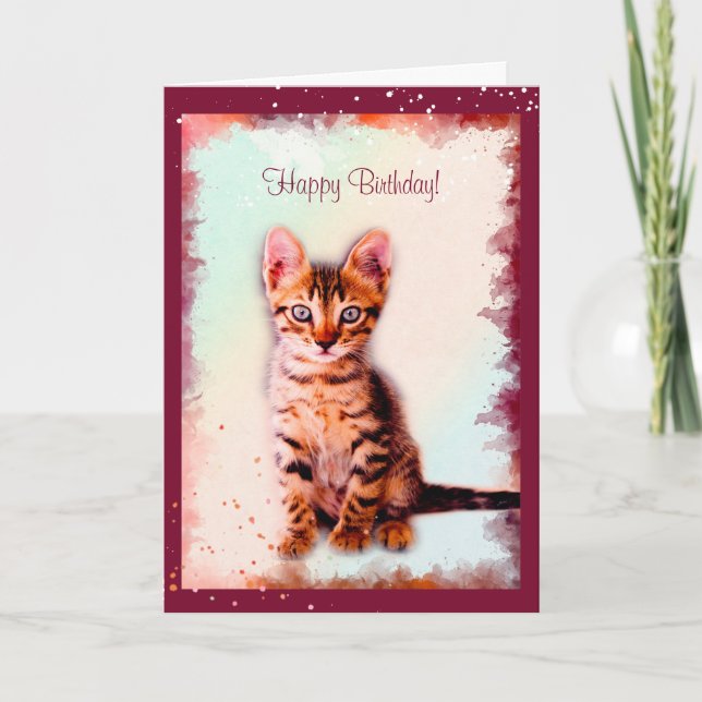Tarjeta Acuarela de gatito a rayas del cumpleaños del gato (Anverso)