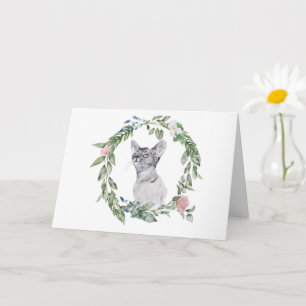 Tarjeta Acuarela de gato blanco y negro floral verde rosa 