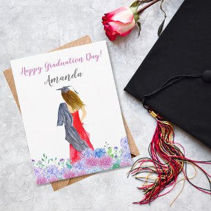 Tarjeta Acuarela de graduación de Chica de pelo de Brunett