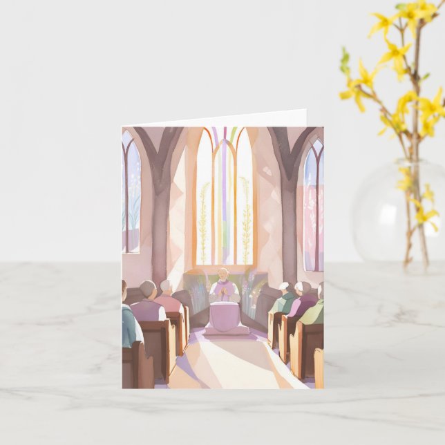 Tarjeta Acuarela de iglesia religiosa | Oración de vacacio (flor amarilla)