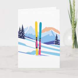 Tarjeta Acuarela de invierno de montaña de esquí