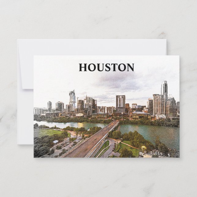 Tarjeta Acuarela de la Ciudad de Viajes de Houston Texas (Anverso)