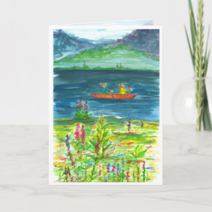 Tarjeta Acuarela de Mountain Lake Kayak Feliz cumpleaños