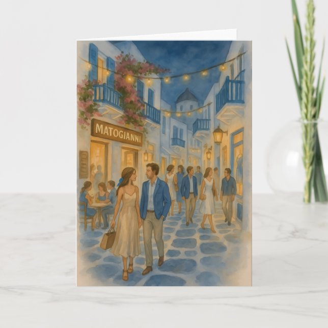 Tarjeta Acuarela de Mykonos Grecia (Anverso)