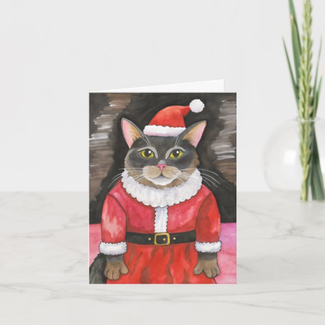 Tarjeta acuarela de Navidades de gato (Anverso)