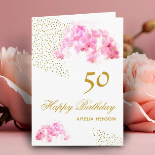 Tarjeta Acuarela de orquídea rosa con brillo dorado Cumple