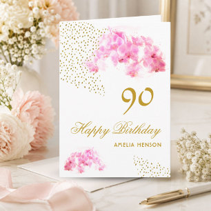 Tarjeta Acuarela de orquídea rosa con brillo dorado Cumple