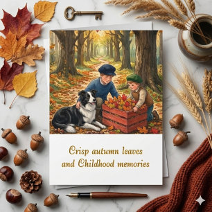 Tarjeta Acuarela de otoño niños y Border Collie Nostálgico