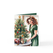 Acuarela de una mujer decorando Navidades