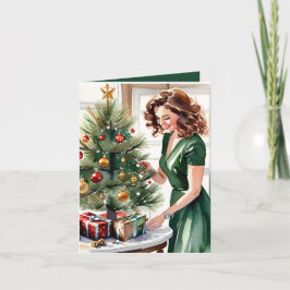 Tarjeta Acuarela de una mujer decorando Navidades