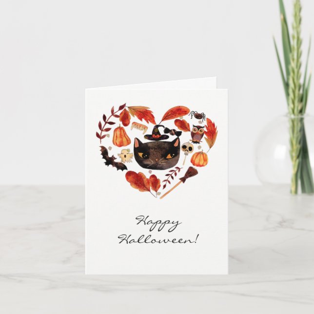 Tarjeta Acuarela del gato negro del fiesta de Halloween (Anverso)