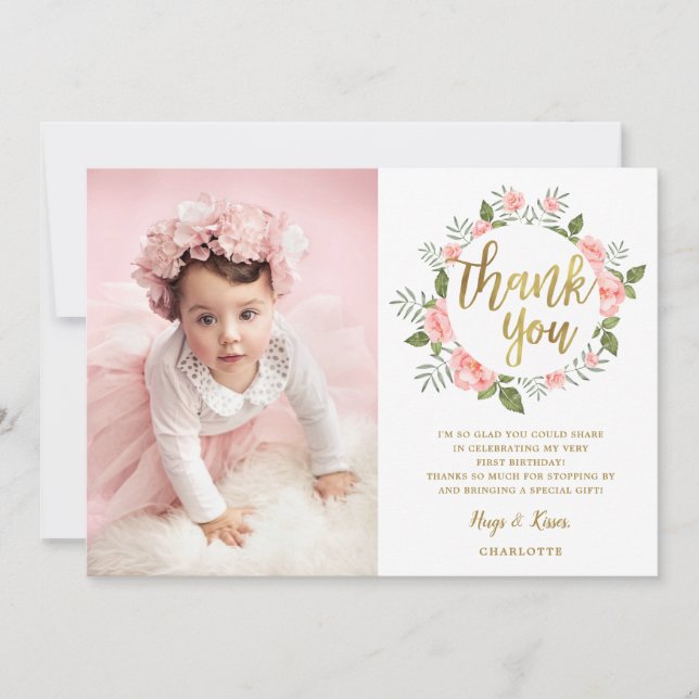 Tarjeta Acuarela Dorado Floral Rosa Gracias (Anverso)