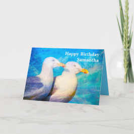 Tarjeta Acuarela Dos Gaviotas Nombre Feliz Cumpleaños