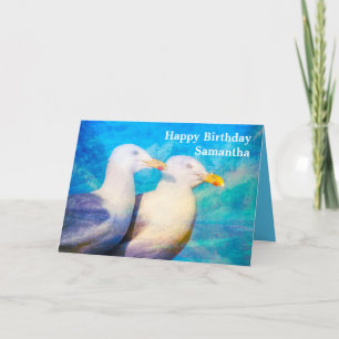 Tarjeta Acuarela Dos Gaviotas Nombre Feliz Cumpleaños