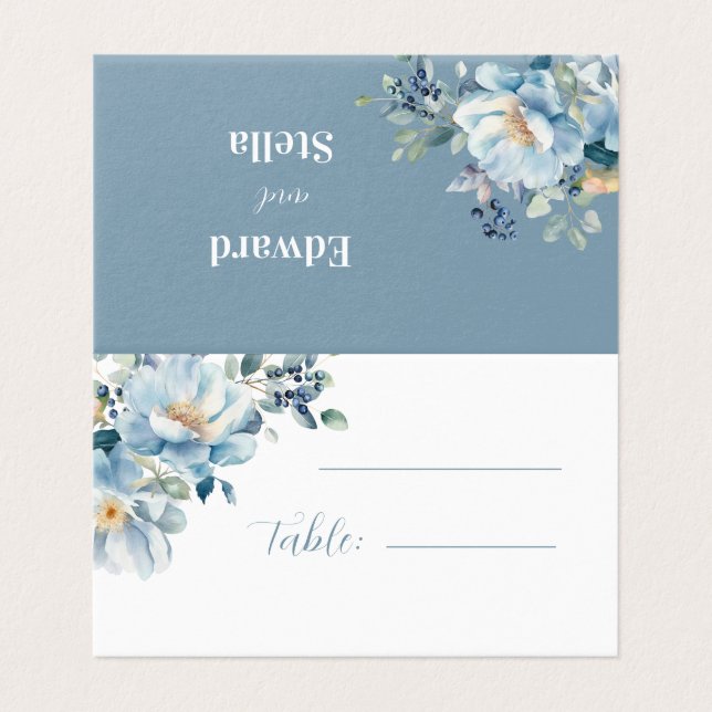 Tarjeta Acuarela Dusty Blue Bohemie Boda floral Plac (Exterior desplegado)