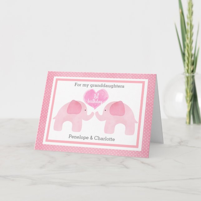 Tarjeta Acuarela Elefante Rosa Gemelos 1er cumpleaños (Anverso)
