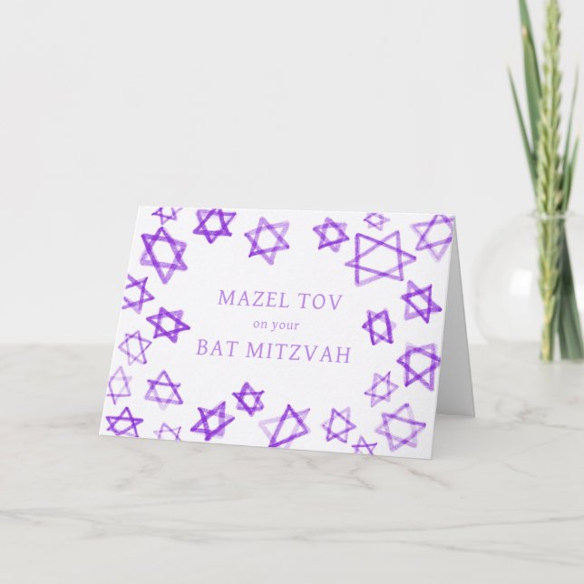Tarjeta Acuarela Estrellas moradas MAZEL TOV Bar Bat Mitzv (Anverso)