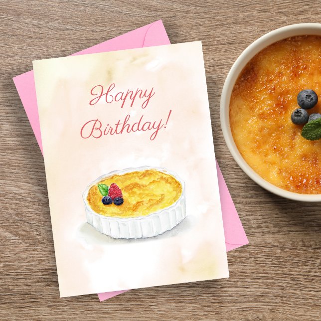 Tarjeta Acuarela Feliz cumpleaños, Brûlée (Indulge their senses with this Crème Brûlée card, an artistic delight.)