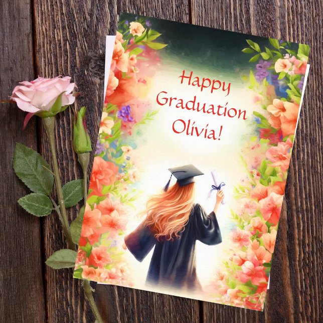 Tarjeta Acuarela Feliz Graduación Chica Y Flor (From the ground up, she's blossomed into blooming success in cap and gown!)