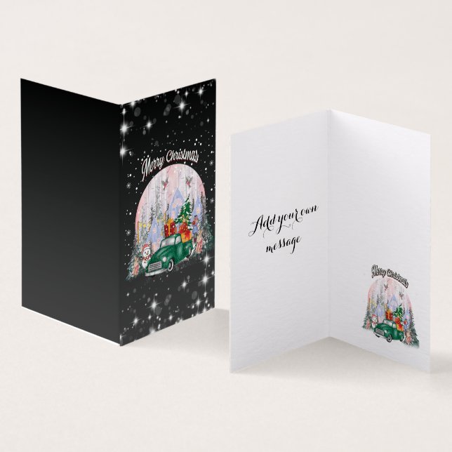Tarjeta Acuarela Feliz Navidad, Auto De Regalos (Interior y exterior)