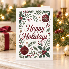 Tarjeta Acuarela Feliz Navidad con Acebo y Adornos