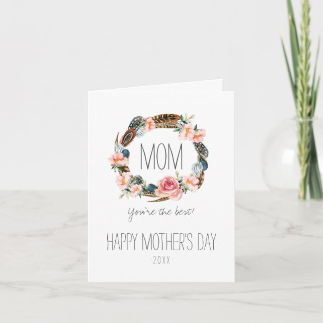 Tarjeta Acuarela floral con el día de madre de las plumas (Anverso)