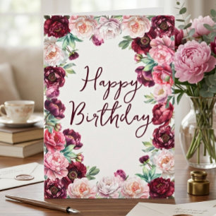 Tarjeta Acuarela floral de peonía de cumpleaños