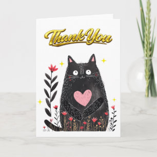 Tarjeta Acuarela Floral Gato Negro con Corazón Gracias