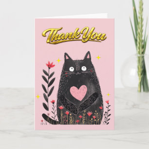 Tarjeta Acuarela Floral Gato Negro con Corazón Gracias