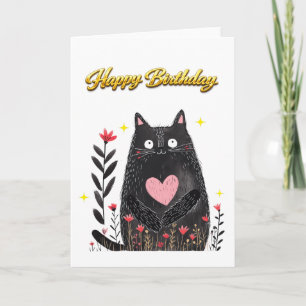 Tarjeta Acuarela Floral Gato Negro Corazón Rosa Cumpleaños