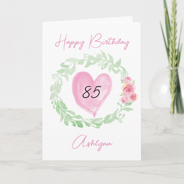 Tarjeta Acuarela Floral y Corazón 85 Cumpleaños  (Anverso)