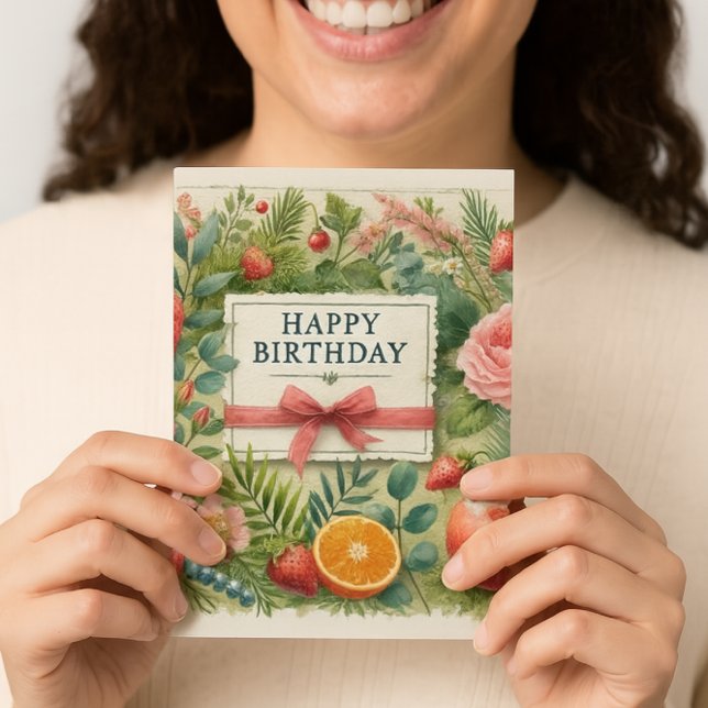 Tarjeta Acuarela Flores de fruta verde Feliz cumpleaños (Botanical birthday cheer strawberries, roses, and pine frame a sweet wish with ribbon and bow )