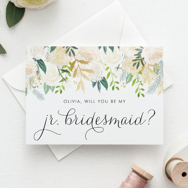 Tarjeta Acuarela Flores de Marfil Noviaria Junior (Floral junior bridesmaid card with watercolor ivory flowers, greenery, and faux gold foil accent.)