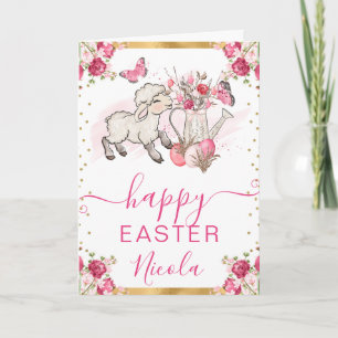Tarjeta Acuarela Flores Rosa Cordero Feliz Pascua