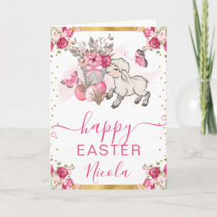 Tarjeta Acuarela Flores Rosadas Cordero Felices Pascuas