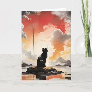 Tarjeta Acuarela Gato Negro en un Retrato en Blanco sobre 
