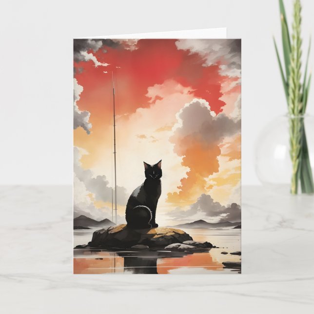 Tarjeta Acuarela Gato Negro en un Retrato en Blanco sobre  (Anverso)