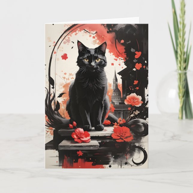 Tarjeta Acuarela Gato Negro Salpicadura Arte Flores Blanco (Anverso)
