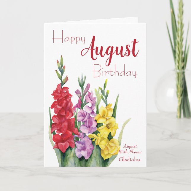 Tarjeta Acuarela Gladiolus Agosto Cumpleaños Flor (Anverso)
