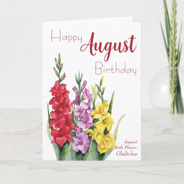 Tarjeta Acuarela Gladiolus Agosto Cumpleaños Flor (Anverso)