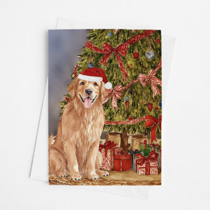 Tarjeta Acuarela Golden Retriever Under Christmas Tree